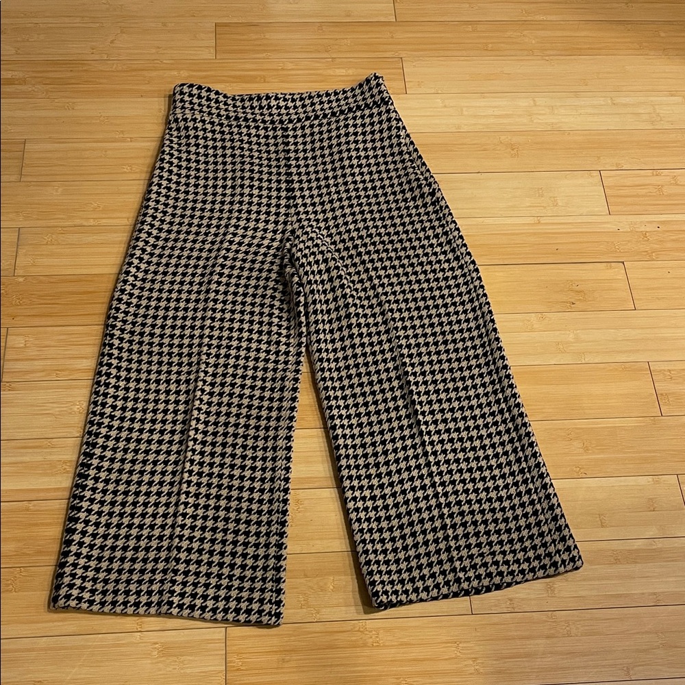Zara Black and Tan High Rise Side Zipper Houndstooth WideLeg Pants Full Length M - Picture 3 of 11